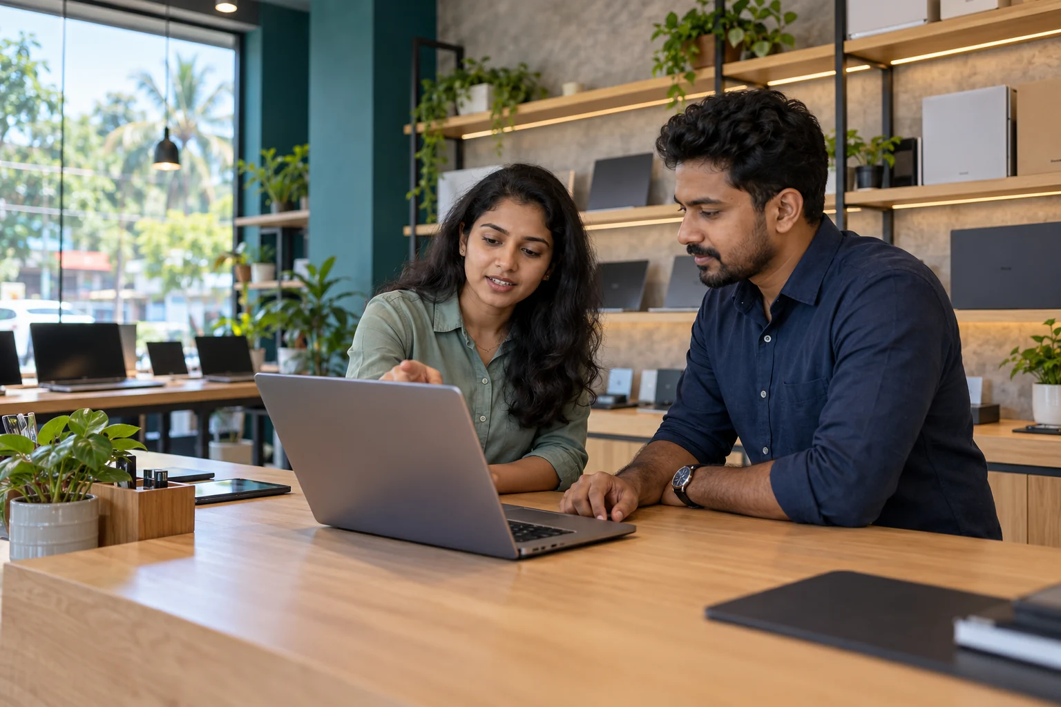 Illustrative scene of two business colleagues discussing work at a laptop.